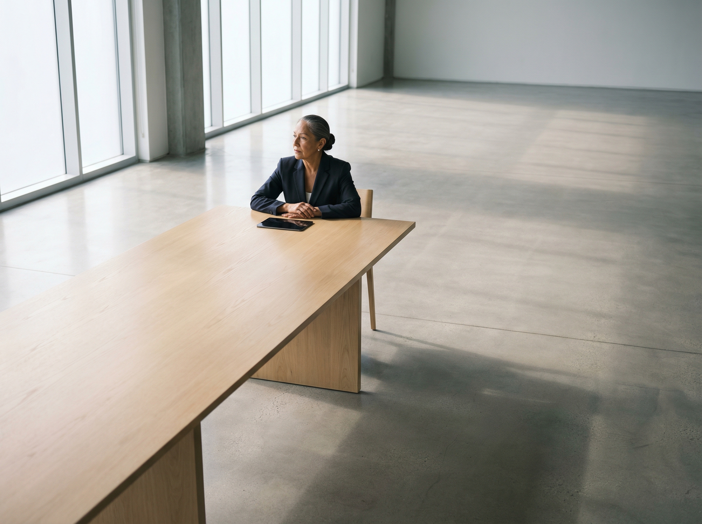 Sala de juntas ejecutiva con atmósfera de tensión e incertidumbre